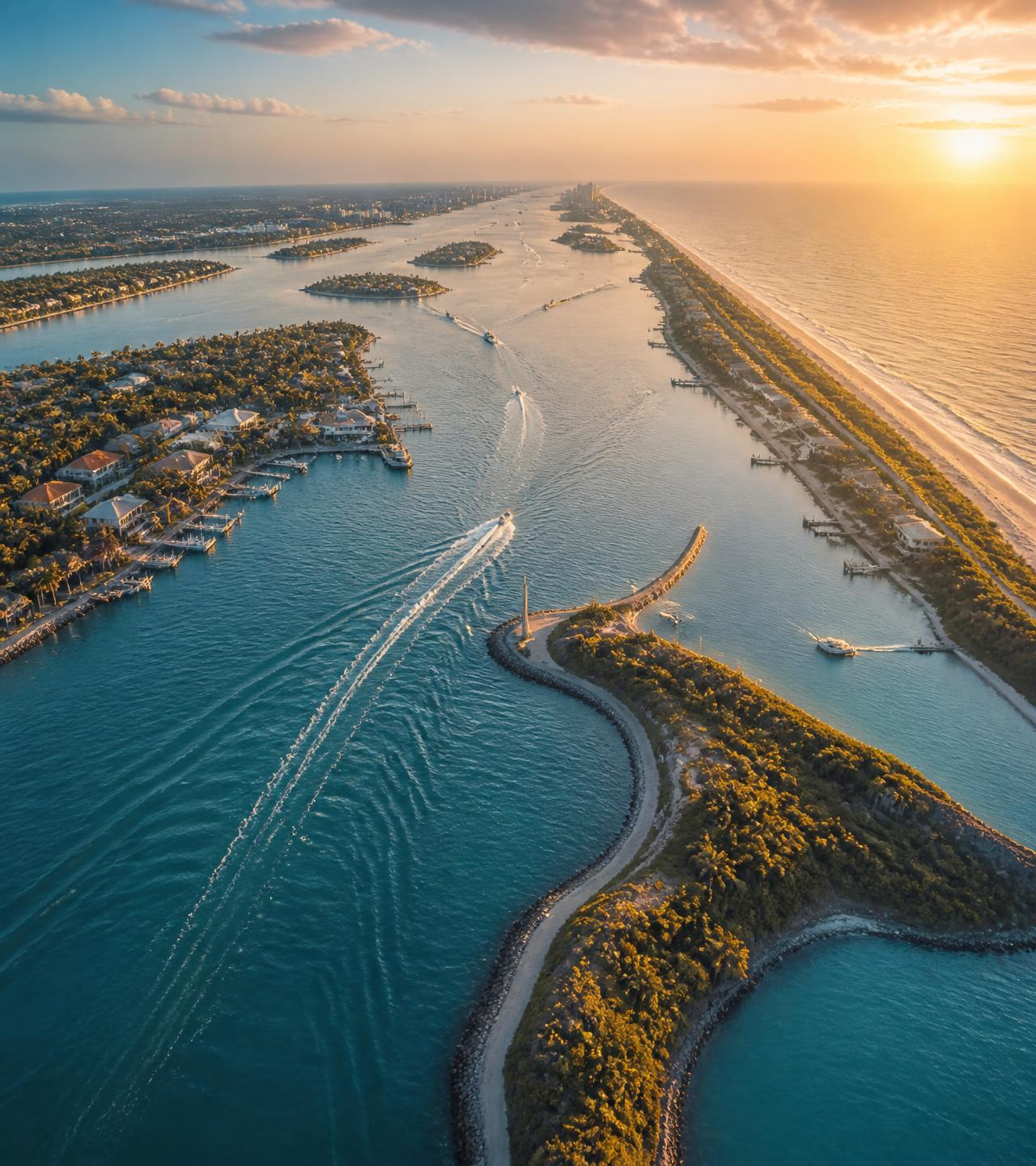 Aerial view of the Space Coast barrier islands and intracoastal waterway at golden hour