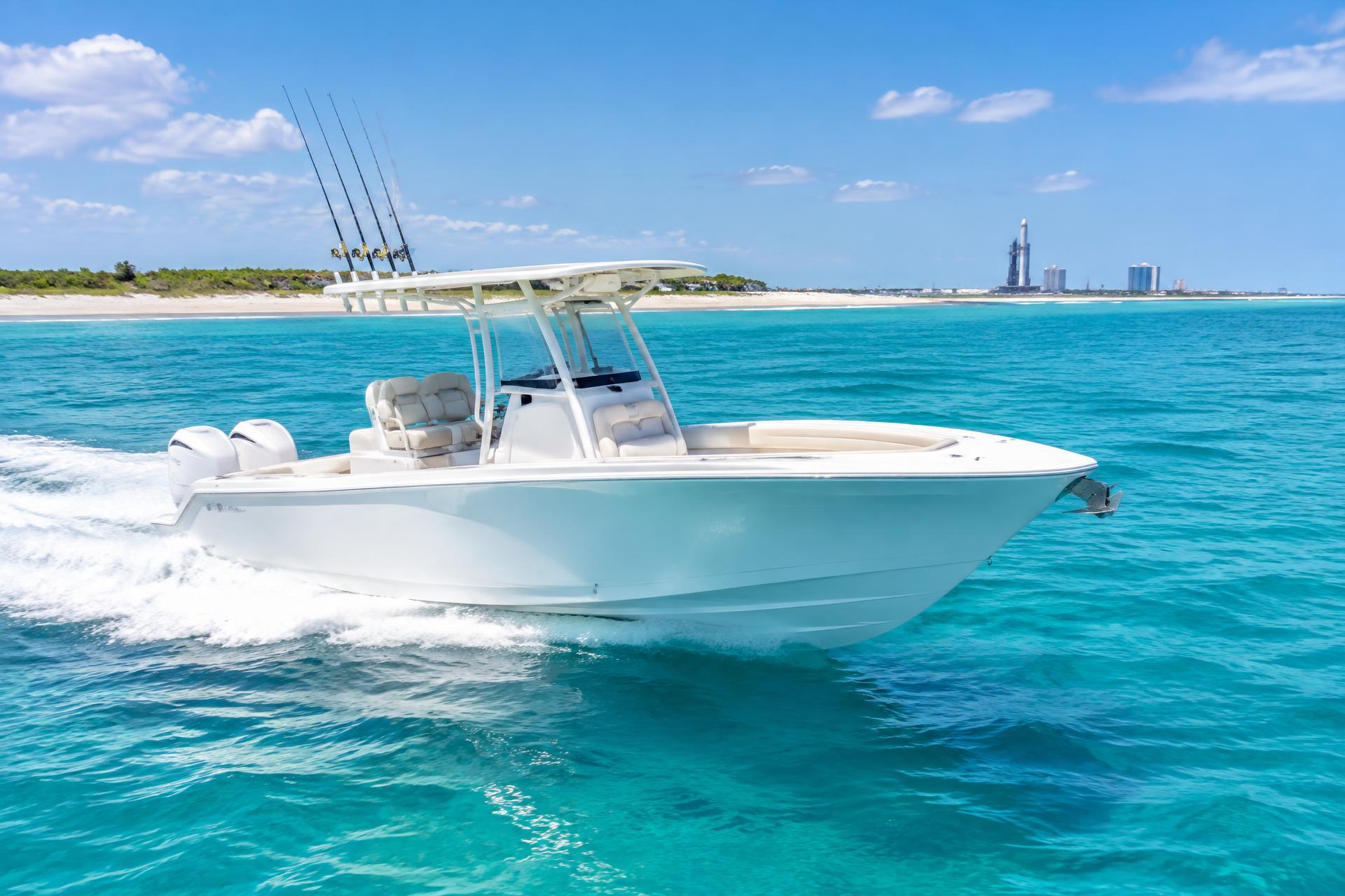 Bright family boat cruising through turquoise Cocoa Beach water near the Florida Space Coast